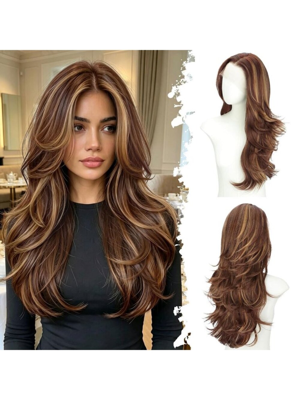 26Inch Women's Brown Highlight Glueless Synthetic Butterfly Cut Long Wavy Wig